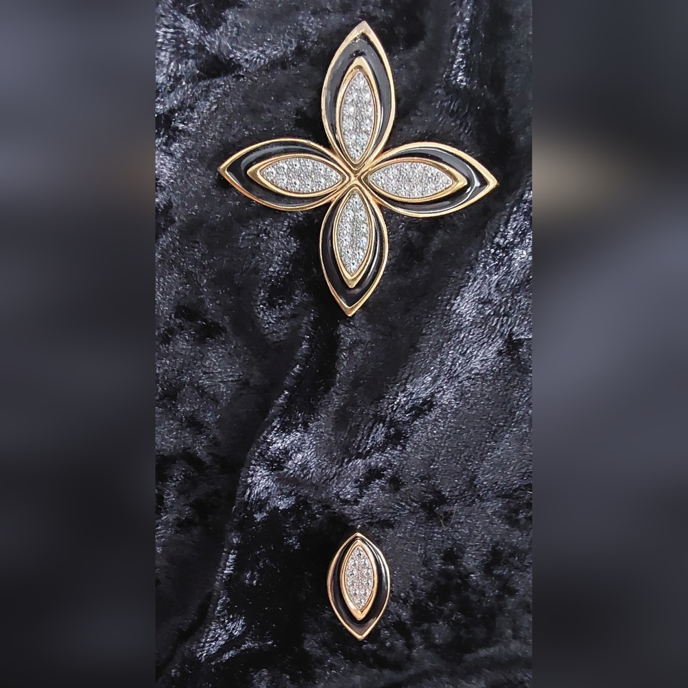 MONET 2 PIECE GOLD RHINESTONE/BLACK ENAMEL STICK PIN